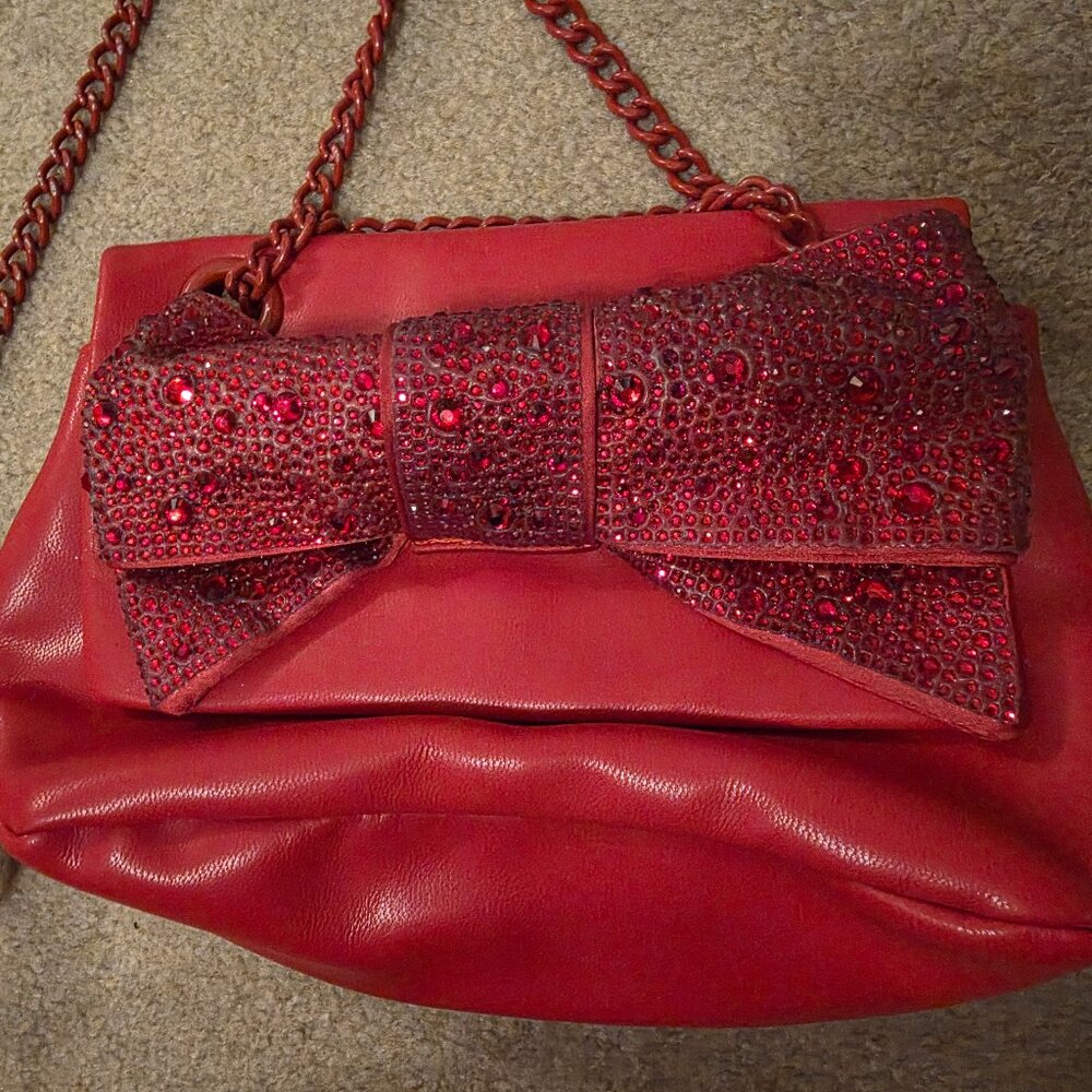 Betsey Johnson Red Bow Rhinestone Crossbody Purse Chain Strap